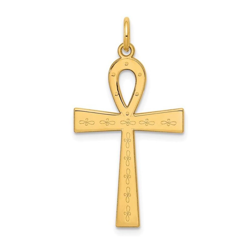 14k Yellow Gold Laser Designed Ankh Cross Pendant, 16 x 32mm